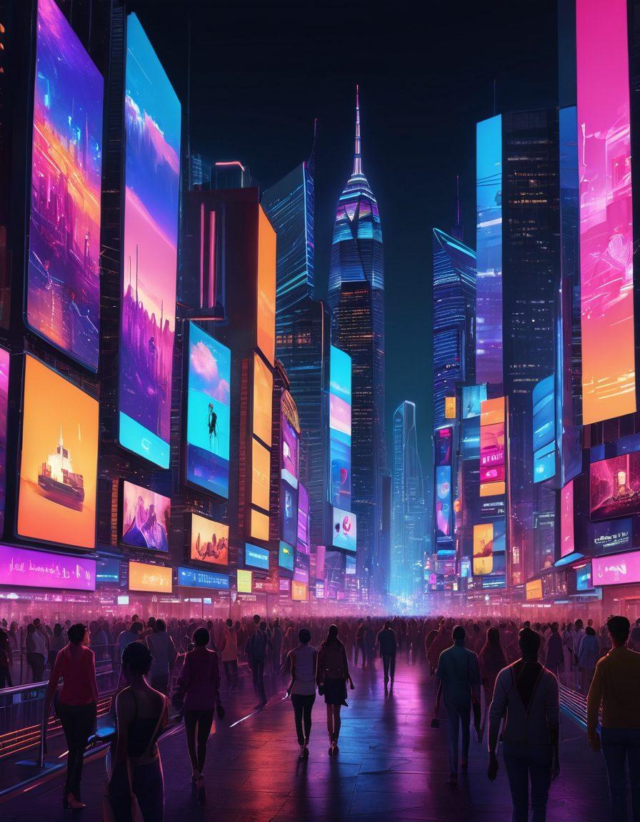 A vibrant city skyline at night, with glowing screens displaying diverse streaming platforms, surrounded by silhouettes of people enjoying content on various devices. Illustrate a seamless blend of technology and human connection, symbolizing the revolution of adult content access. Incorporate elements of digital culture, like neon lights and futuristic motifs. super-realistic. vibrant colors. 3D.